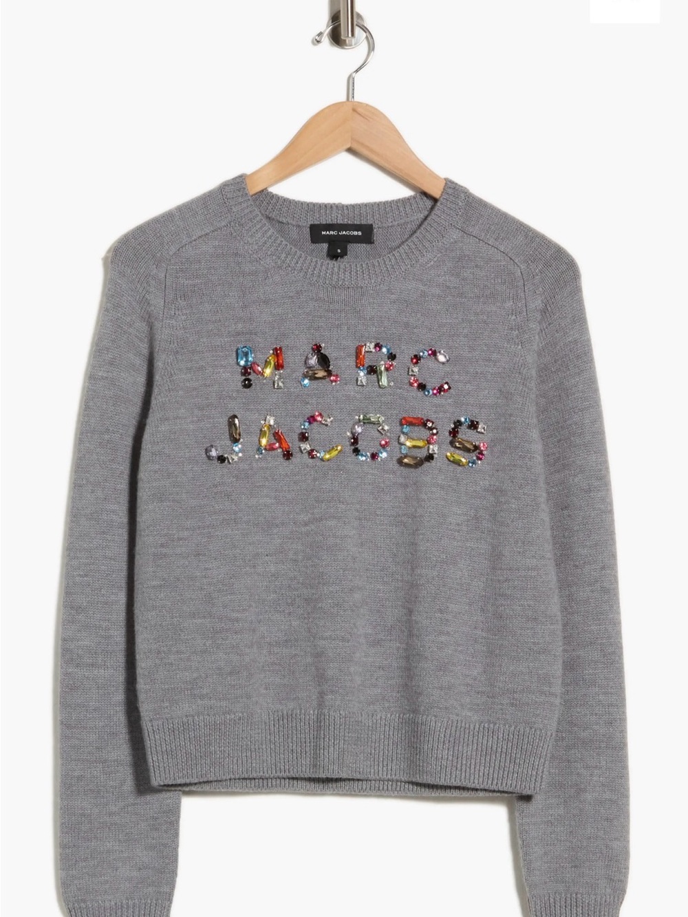 Marc Jacobs Gray Crewneck Sweater with Multicolor Jeweled Logo